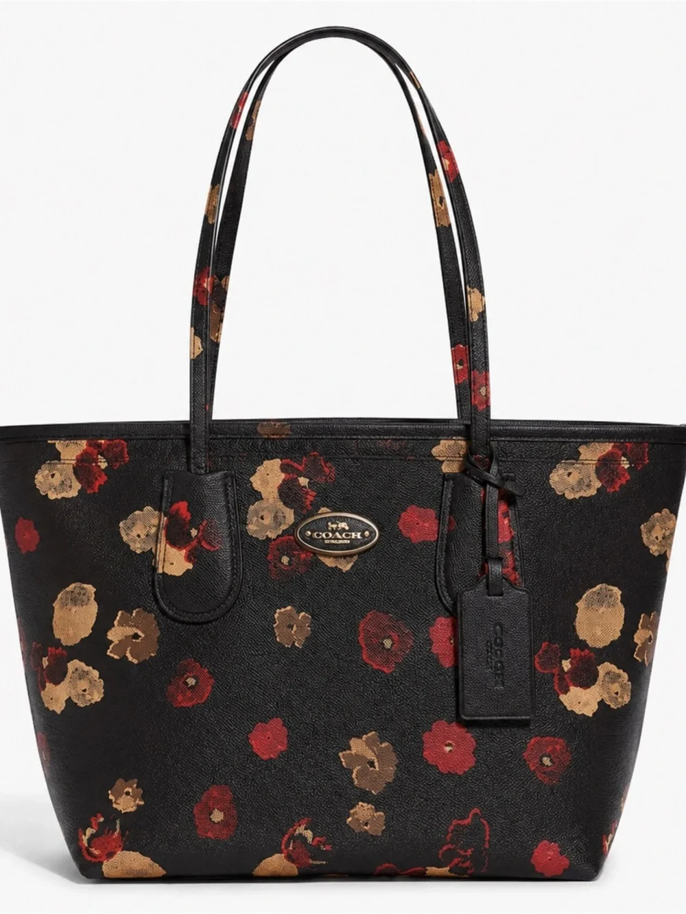 Coach Black Floral Tote with Red and Tan Bloom Print